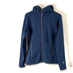 KUHL Heathered Fleece Hooded Zip Jacket Teddy Lined Thumbholes Heather Blue